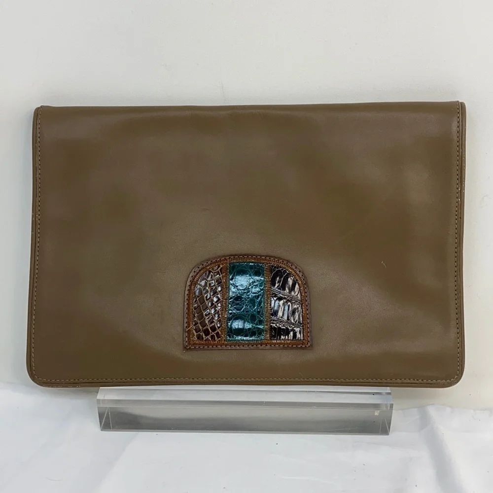 Vintage Large Taupe Brown Leather Envelope Clutch